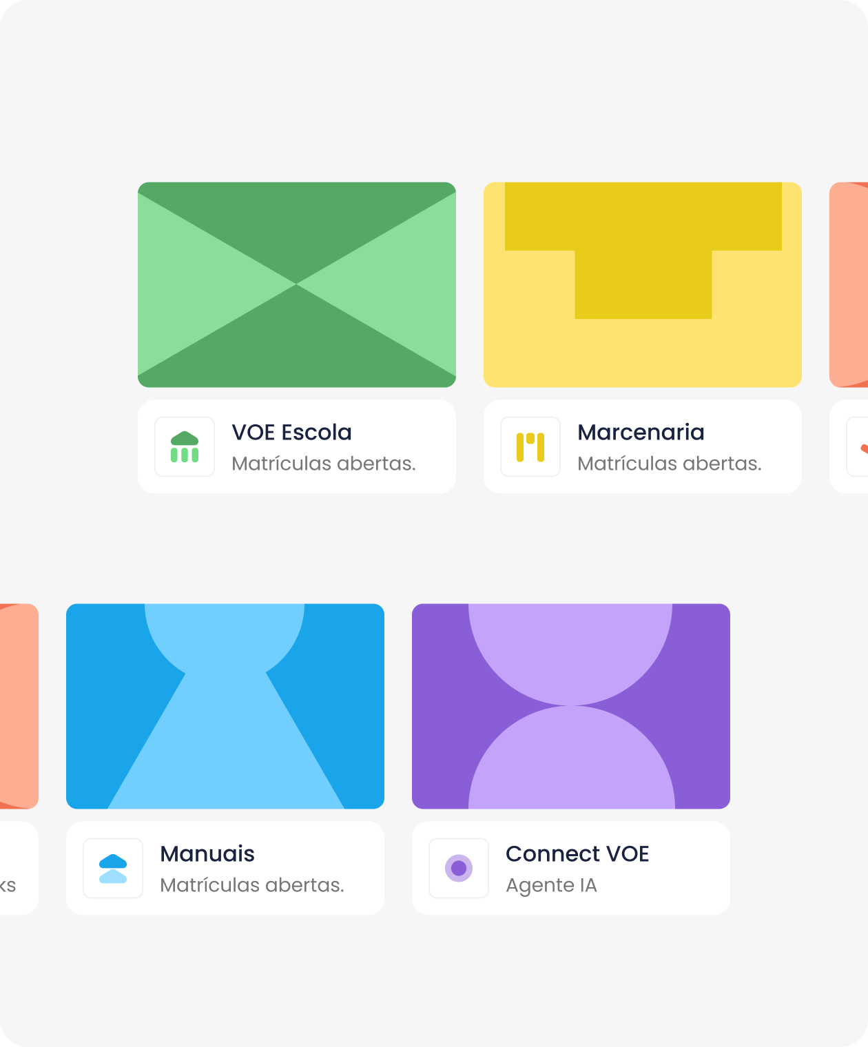 VOE Educacional Products Grid - VOE Escola, Marcenaria, Manuais, Connect VOE